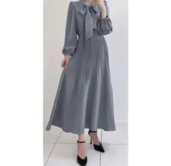 GRL ボウタイプリーツロングフレアワンピース　ブルー　長袖　[tw1043]