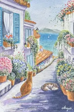 【原画】南ヨーロッパの海に続く小径と見つめる猫　透明水彩画　ハガキサイズ　風景画