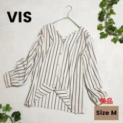美品 VIS ビス 半袖ブラウス M Vネック ストライプ ブラウス 店長推薦品