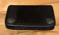 ウォレット　バイカー　黒　ブラック編み込みデザイン 長財布 黒