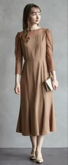 AIMER チュールネットスリーブマーメイドパーティードレス　キャメル / M