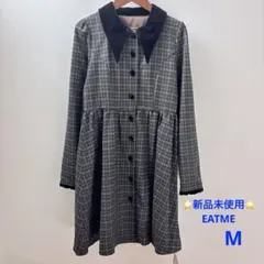 新品未使用　EATME グレー系　ビック襟　長袖ミニチェックワンピース　M