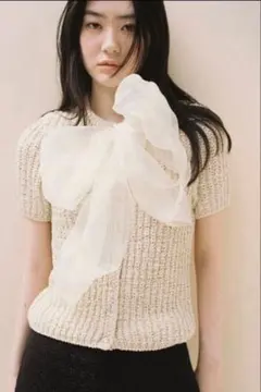 ZARA ニットオーガンザリボントップスS