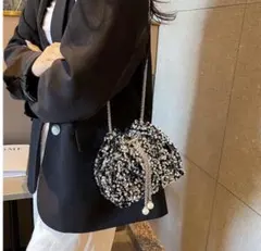 スパンコール　巾着型　パーティーバッグ　結婚式　シルバー　ブラック系