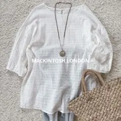 美品＊ビアズリー 襟ぐり刺繍カットソー 異素材 リネン混 麻 ドロップ 