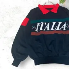 【一点物】海外古着 プリントスウェット ブラック 襟付き ITALIA