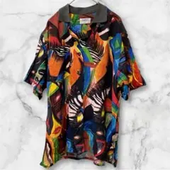 欧州古着 総柄レーヨンシャツ 派手柄 アート柄 半袖 ビッグシルエット【Ｍ～L】