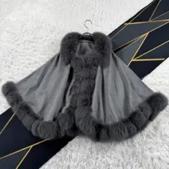 【美品】FOX FUR /フォックスファー カシミヤ100/ケープ ポンチョ ケープ カシミヤ 100% ポンチョ フード付き ギフト プレゼント 6F