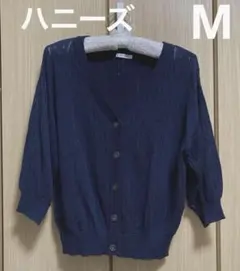 ハニーズ　ネイビー 透かし編みカーディガン 五分袖　Mのサムネイル