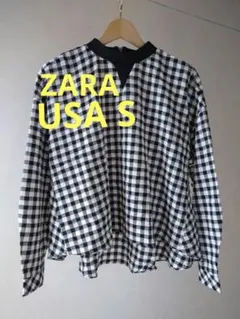 【美品】ZARA チェック柄長袖ブラウス USA Sサイズ 黒 白
