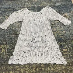 レース編みクリーム色チュニック 五分袖