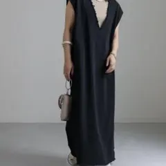 フリンジVネックワンピース　コットン100%