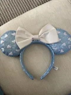ディズニー　ミニー　水色ハート模様リボンカチューシャ