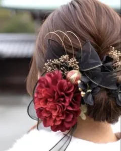 髪飾りセットNo.350 レッド×ブラック　成人式　前撮り　結婚式　卒業式