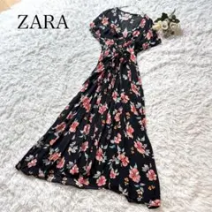 ZARA ロングワンピース　花柄　半袖 ブラック　ゆったり