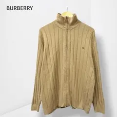【バーバリー】リブニットジップカーディガン ベージュ ロゴ刺繍 カジュアル M
