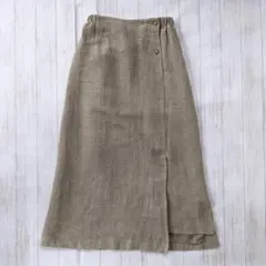 センソユニコ/リネン混ロングスカート/サイド木ボタン/ランダムスリット入り