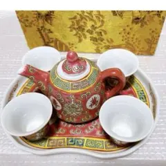 チャイナティー 中華茶器セット アンティーク 専用ケース付 陶器 【未使用】