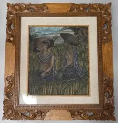 バリ絵画 額装品 農村風景 民族画 I Wayan Suparta 木彫り額装