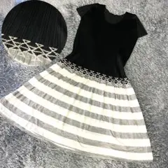 【極美品】プリーツプリーズ ドッキングワンピース フレンチスリーブ ボーダー柄のサムネイル