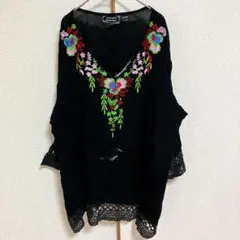 刺繍 チュニック ブラウス 3X ブラック 大きいサイズ レース 5L-6L相当
