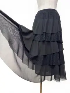 【エレガント】新品　社交ダンス用 黒＆レース　フリルスカート ミディ丈p５７１