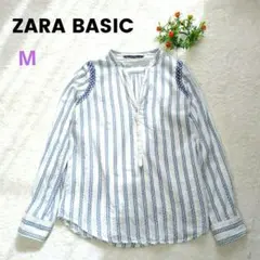 ZARA 刺繍 ストライプ スキッパーシャツ ブラウス M 青白