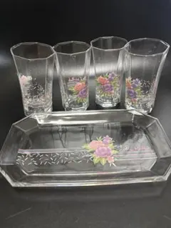 ［お値下げ］昭和時代のレトロヴィンテージ花柄八角形グラス4個セットとお皿