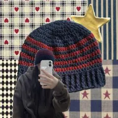 ビーニー　ハンドメイド　かぎ針編み　クラッシャーハット　ネイビー　ワインレッド