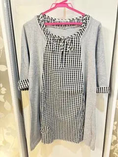 ZAMPA ギンガムチェックにグレー　五分袖チュニックカットソー　Ｍサイズ