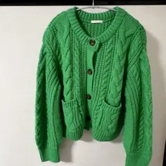 ケーブルニットカーディガン 厚手 グリーン 長袖
