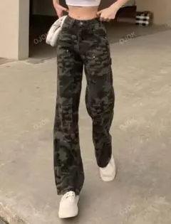 カモフラージュ柄 ワイドレッグデニムパンツ