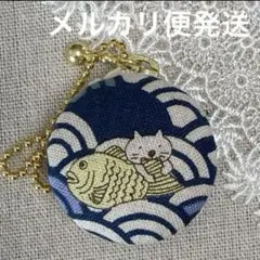 マカロンコインケース　青海波と猫91 マカロンポーチ