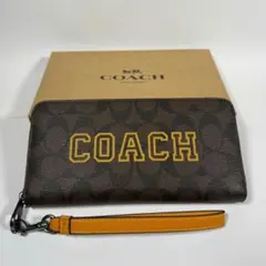 COACH 長財布 CB856 ロゴ 茶×黄 リスト付