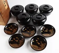 天然木製漆塗 図変わり風景画 東海道五十三次の図金蒔絵 黒塗吸物椀 5