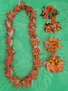 (お値下げ) フラダンス用オレンジレイ、髪飾り、ブレスレット5点セット