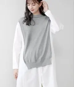 ブージュルード　ニットドッキング布帛ワンピース　グレー