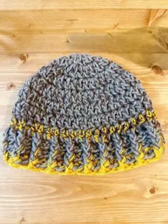 手編み ニット帽 ビーニー グレー ブラウン マスタード ミックスカラー冬用帽子