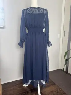 ネイビー ドット柄 シフォンワンピース