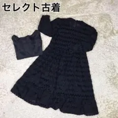 ル*ン様 【美品】 裏地付シアーワンピースドレス　起毛模様　ブラック　A1292