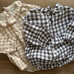 ベージュとグレーのチェック柄シャツロンパース