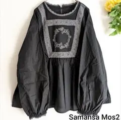 新品　胸元モチーフ刺繍レースブラウス　ブラック　サマンサモスモス