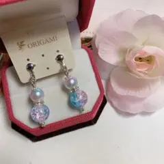 新品未使用 ブルーピンク ガラス玉×真珠玉 イヤリング