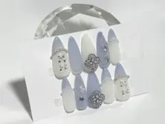 ♥︎現品♥︎ネイルチップ青水色乳白色フレンチガーリーワンホンちゅるんスナ系量産リボン