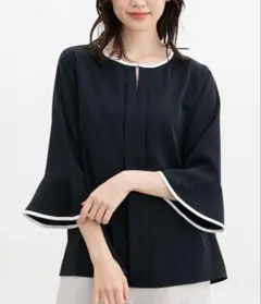Honeys ７分袖配色ブラウス ネイビー