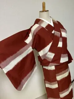 【匿名配送】 昭和レトロ 着物 洗える着物 ウール 単衣 横縞 赤 白 銀糸