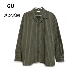 GU オープンカラーシャツ オリーブグリーン 長袖 ストライプ M セール