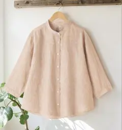 無印良品　リネン洗いざらし七分袖ブラウス ダークオレンジストライプ.XL