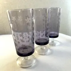 昭和レトロ　アデリア　紫色花柄脚付きグラス3個セット