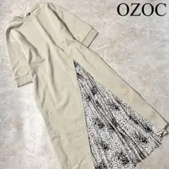 OZOC オゾック コットン プリーツ切替 七分袖 スウェット ロングワンピース